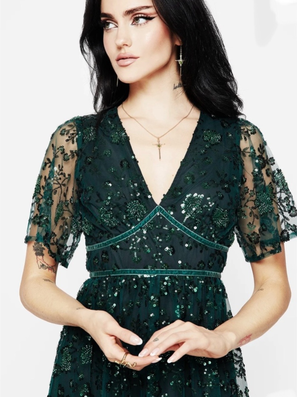 Disturbia Black Midi Dress with Green Sequin Embellishment - Picture 6 of 8